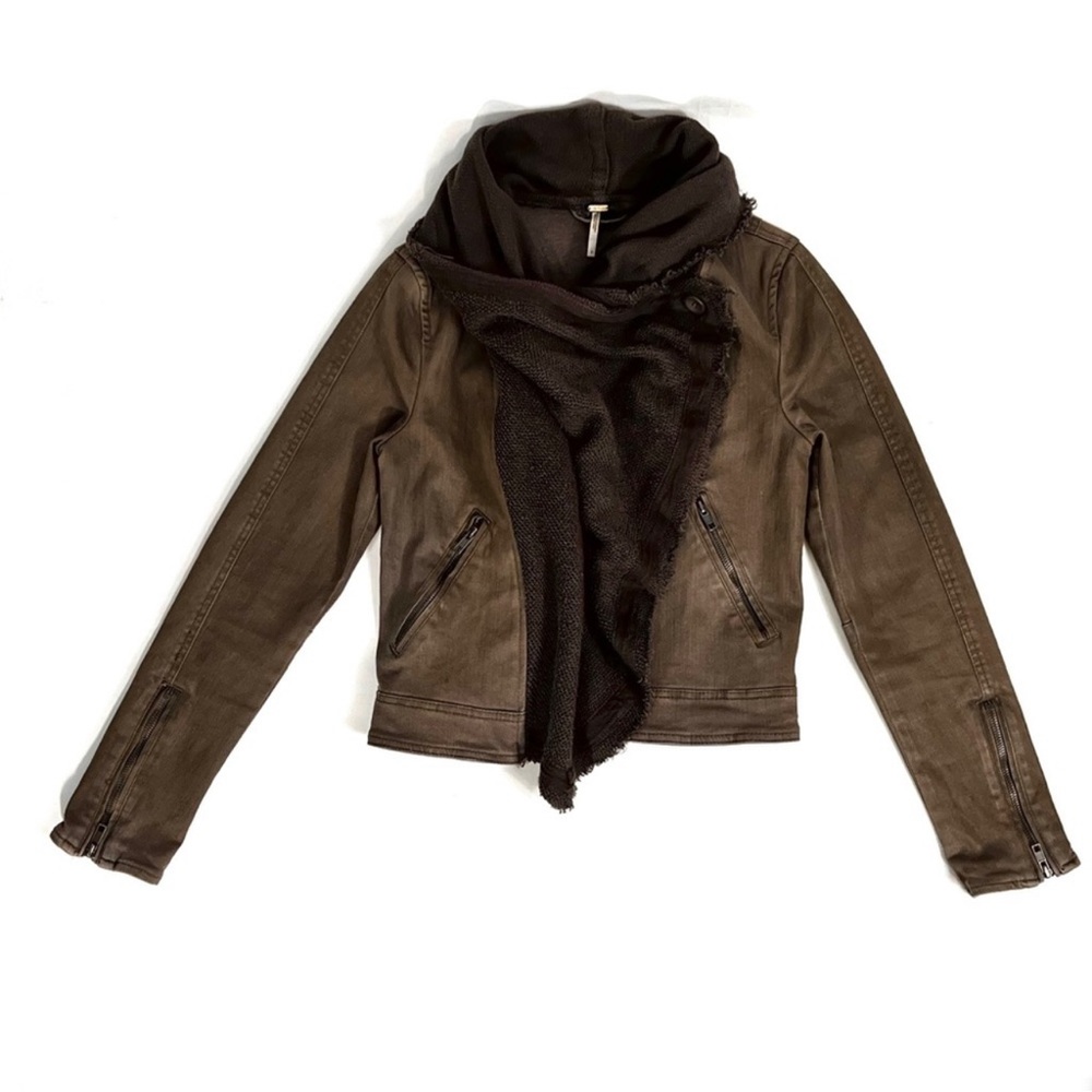 Free People Drape Front Coated Denim Moto Jacket | Olive/Green | Size 10 - Picture 4 of 14